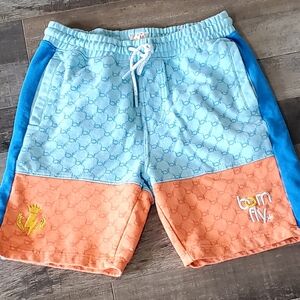 Born Fly Cotton Fleece Colorblock Logo Print Blue/Orange Pull-on Shorts, Med,